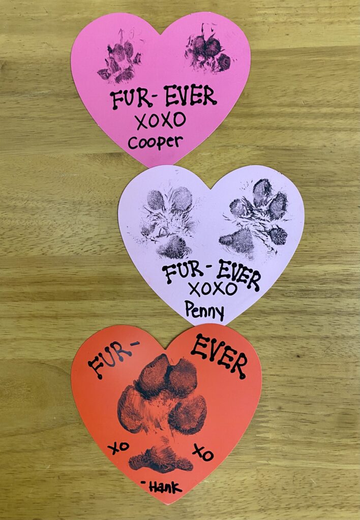 Hearts with paw prints and valentine message